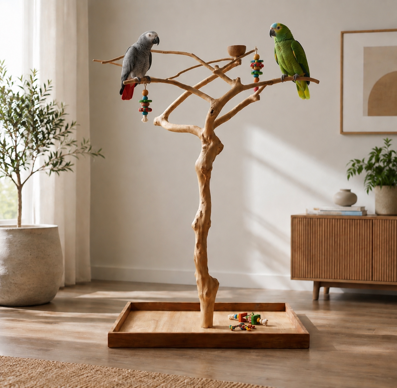 Large Natural Java Wood Parrot Stand – African Grey, Macaw &amp; Amazon